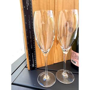Pair of Dom Perignon Crystal Champagne Flutes Shield Logo Etched on Stem 9 1/4"